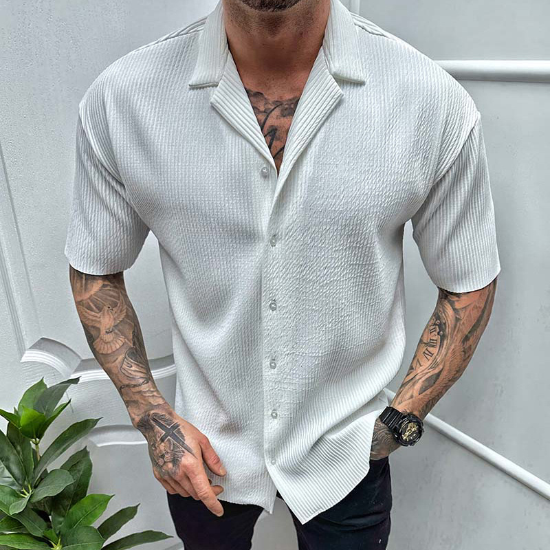 Men's Casual Shirts Leisure Solid Color Ribbed Men Clothes Fashion Short Sleeve Lapel Button Shirt 2023 Spring Summer Streetwear 230511