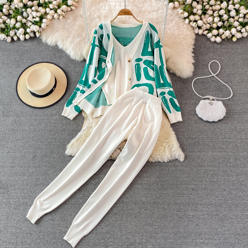 Women's Two Piece Pants Casual Letter Tracksuit Women Fall Winter 3 Piece Knitted Sweater Set Trouser Suits Knitted CardiganVest Pants Outfits 23