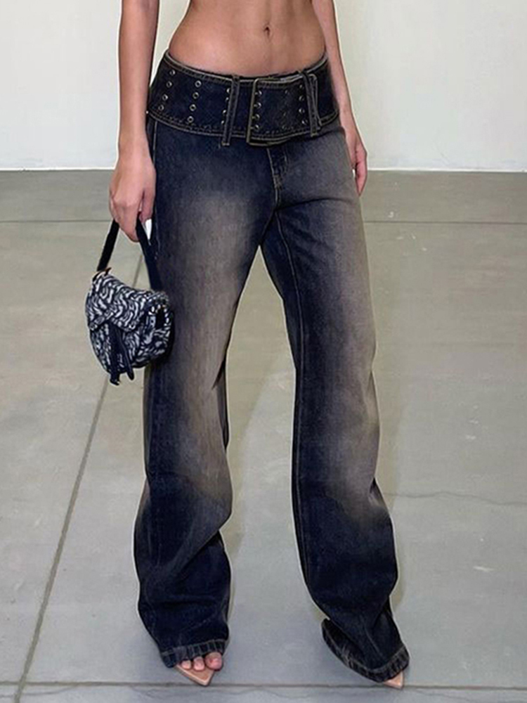 Women's Jeans Weekeep Kasual Grunge Y2k Pakaian Jalanan Sabuk Lebar Celana Kargo Denim Naik Rendah Panjang Wanita Longgar Harajuku Ibu 230510
