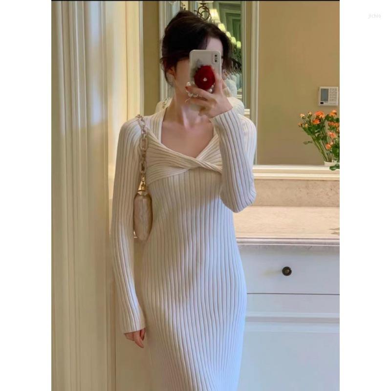 Casual Dresses Womens Autumn And Winter French Retro Knitted Dress For Women Slim Medium Length With Coat Skirt
