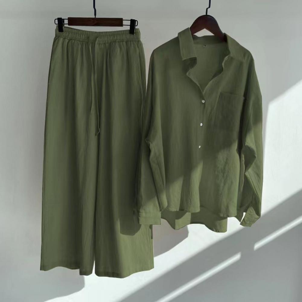 Women's Two Piece Pants Cotton Linen Shirt High Waist Wide Leg Pants Set Women's Summer Suit 5XL Oversize Fall Blouse Trousers Suit Women 