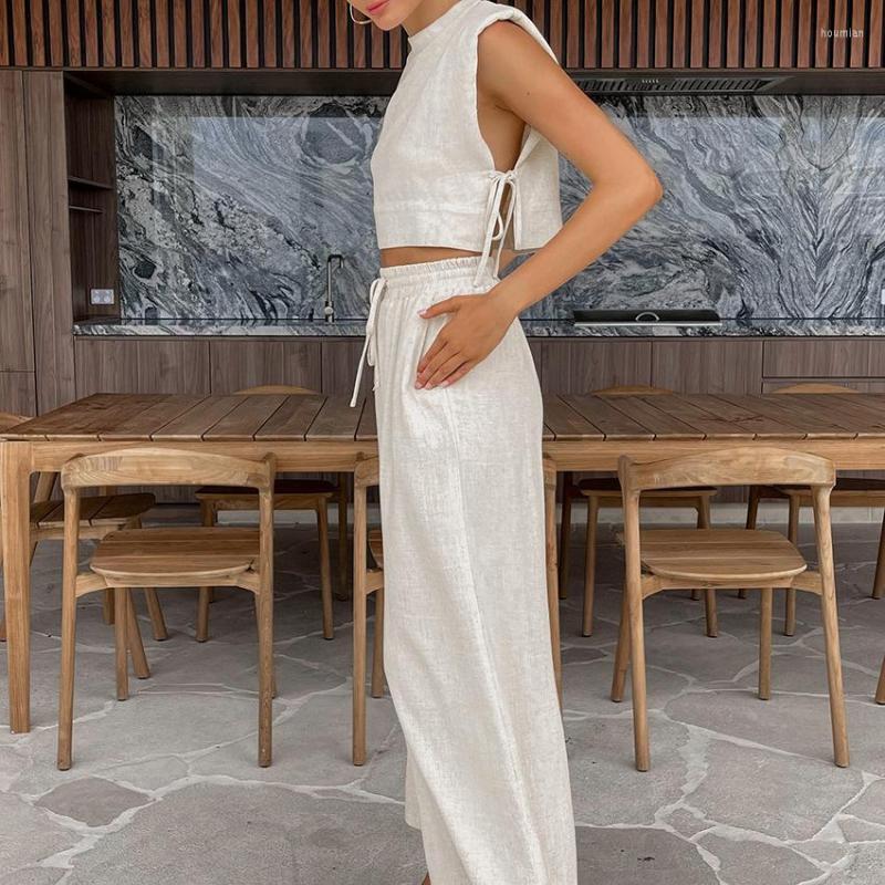 Women's Two Piece Pants Lovship Khaki Cotton Linen Set For Women 2 Trouser Suit Sexy Sleeveless Tops Casual High Waist Wide Leg Vacation