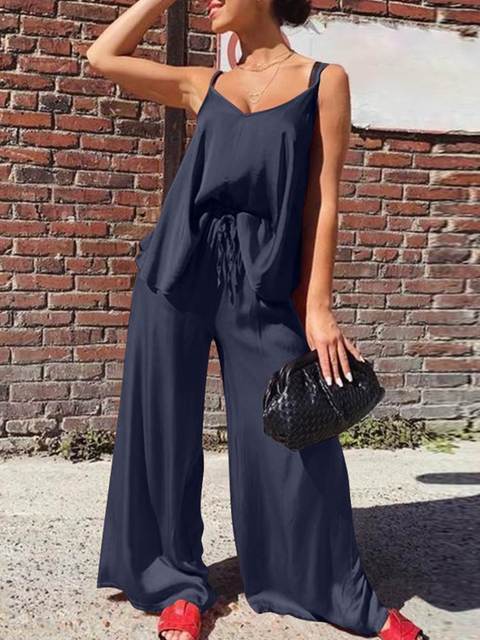Women's Two Piece Pants Celmia Women Summer Matching Sets Casual 2 Piece Pant Suits Spaghetti Strap Camisole Tops Wide Leg Elastic Waist Long Tro