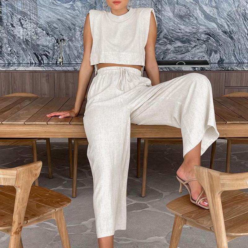 Women's Two Piece Pants Lovship Khaki Cotton Linen Set For Women 2 Trouser Suit Sexy Sleeveless Tops Casual High Waist Wide Leg Vacation
