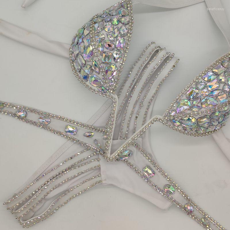 Women's Swimwear 2023 Vacation Latest Crystal Bikini Set V Collar Diamond Good Quality Bling Stones Swimsuit Bathing Suit