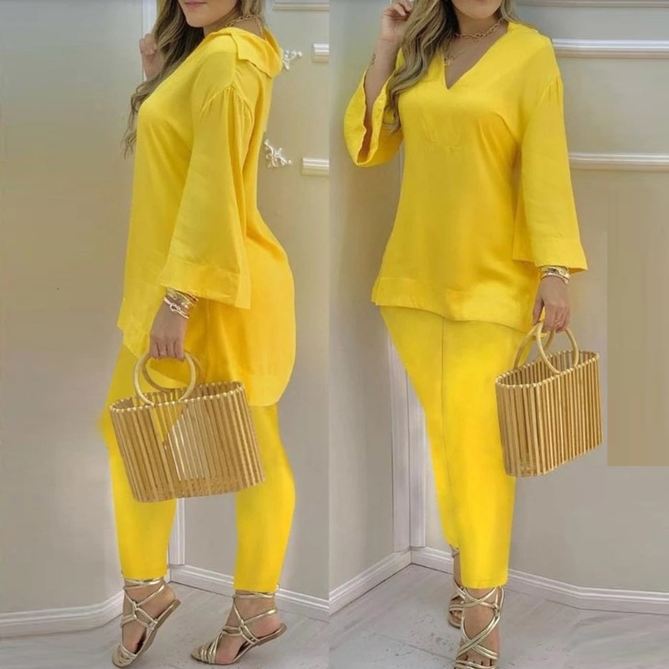 Women's Two Piece Pants Solid Color Flare Long Sleeve V Neck Blouse Pant Sets Fashion Women Office Straight Long Trousers Matching Set 230511