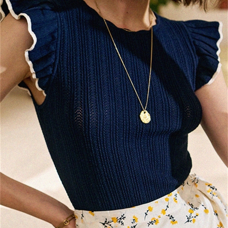 Women's T Shirt Kaus Rajutan Nathan Musim Panas Wanita Leher Bulat Lengan Ruffle Elegan Maille Atasan Jumper Kasual 230510