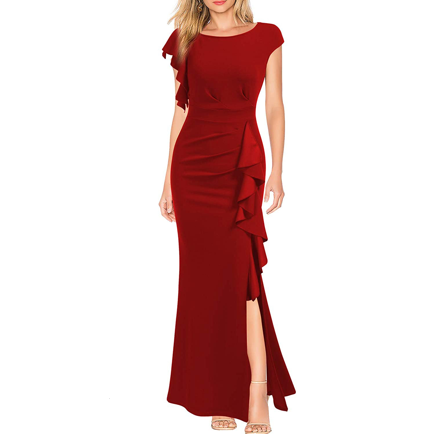Bodycon Cocktail Dresses: Women's O-Neck Ruffle Sleeve Split Mermaid Evening Long Dress C260312