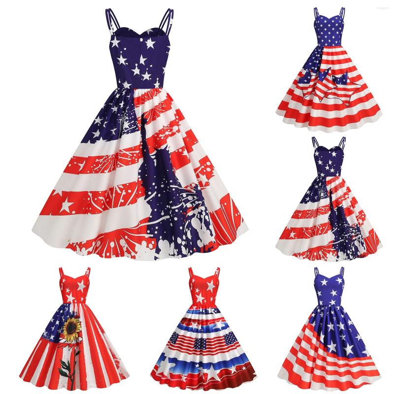 Casual Dresses Independence Day Female Summer Sexy Suspender American Flag Print Vintage Large Swing Dress Wedding