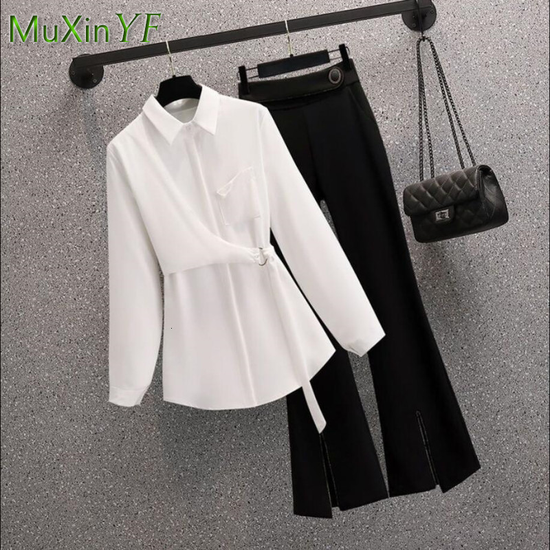 Women's Two Piece Pants Women's Autumn Fashion Shirt Blouse High Waist Pants Two Piece Korean Elegant Sweatshirt Trousers Suit Female Clothe