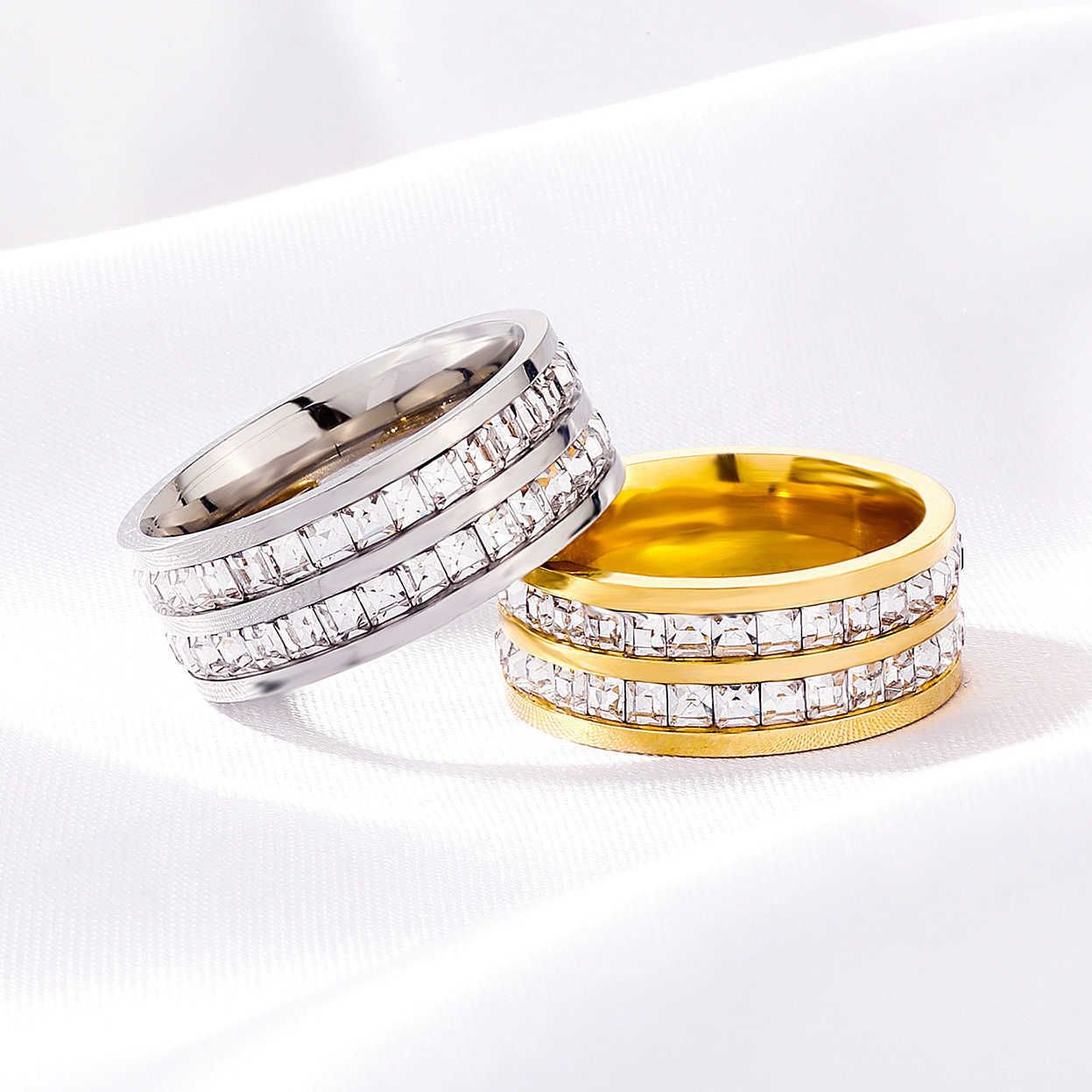 2 Row Cubic Zirconia Titanium stainless Steel Band Ring For Men And Women Hip Hop Iced Out Top Quality 14k Gold Platedl Couple Finger Rings Wedding Br
