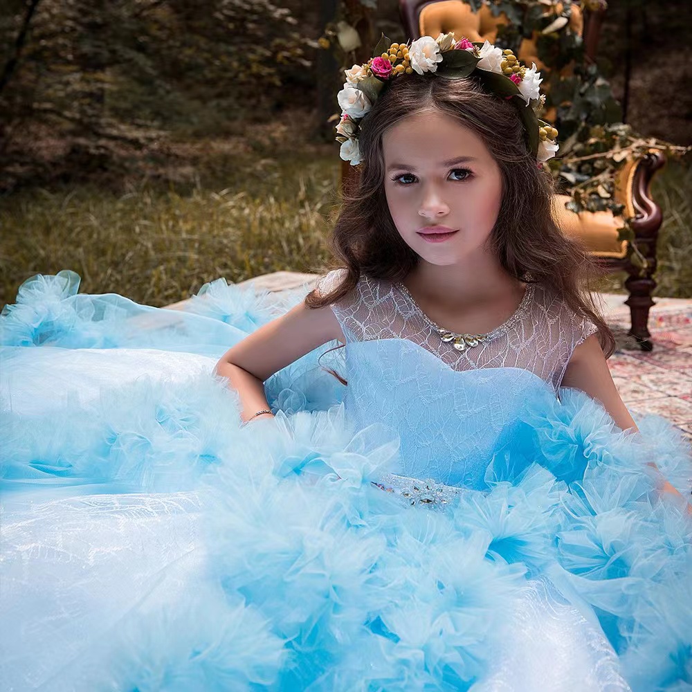 2023 Pink blue Flower Girl Dresses 3D Flowers crystal neck Girls Pageant Dress vestido de daminha Dress for Kids Custom Made Ruffle Tiered Sweep Train