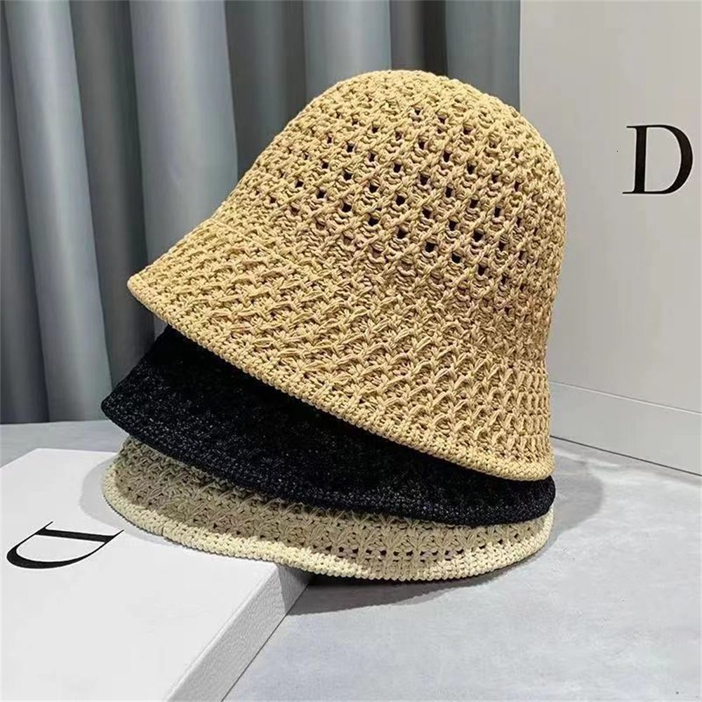 Stingy Brim Hats Bucket Hat Spring Summer Hollow Knitted Hat Solid Color Sunhat Fisherman Caps Casual Foldable Beach Cap 230511