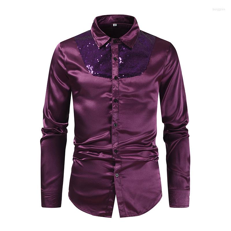 Purple Sequins Silk Satin Men's Dress Shirt For Disco Party, Dance, Wedding, Prom
