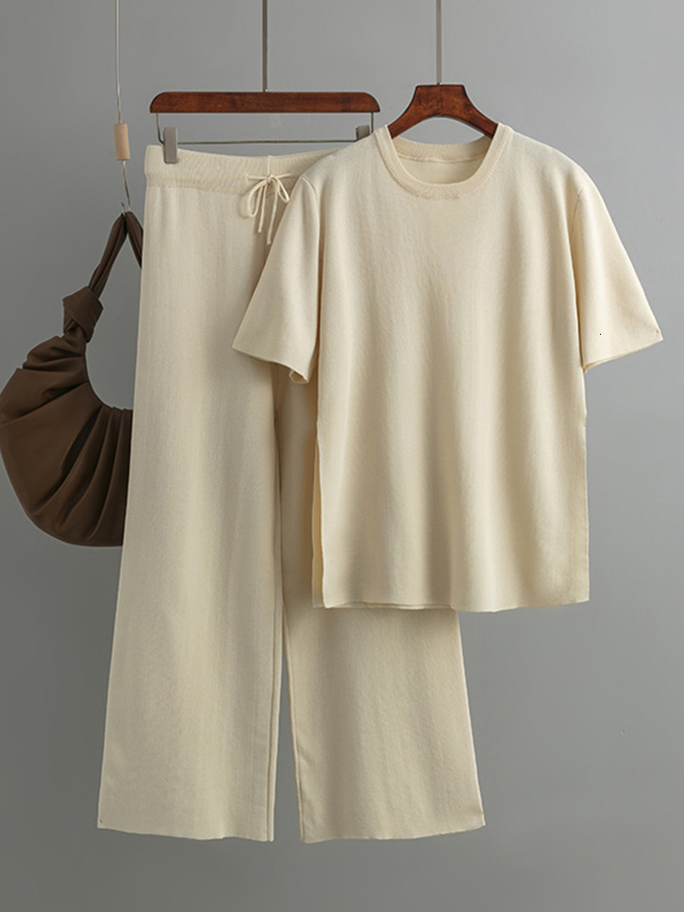 Women's Two Piece Pants Casual Knitted Pants 2 Piece Sets Women Outfit Summer Streetwear Loose Split SweaterLace-Up Trousers Short Sleeve Suit 23