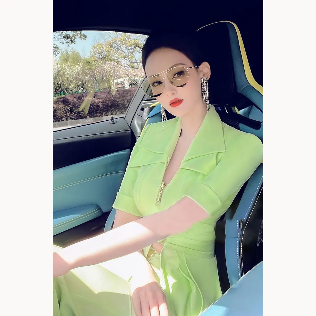 Women's Two Piece Pants Summer Women's Zipper Blouse Coat Trousers Female Fashion Lapel Collar Blouse Sets Lady Two Pieces High Waist Suit S