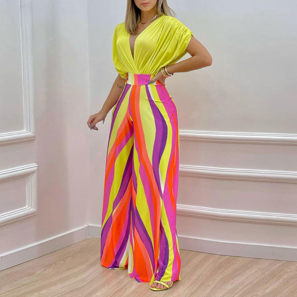 Women's Two Piece Pants Zoctuo Elegant Women's Pant Sets Striped Printing V-neck Wide Leg Pants Trousers Suits Casual High Waist Clothes 2 P