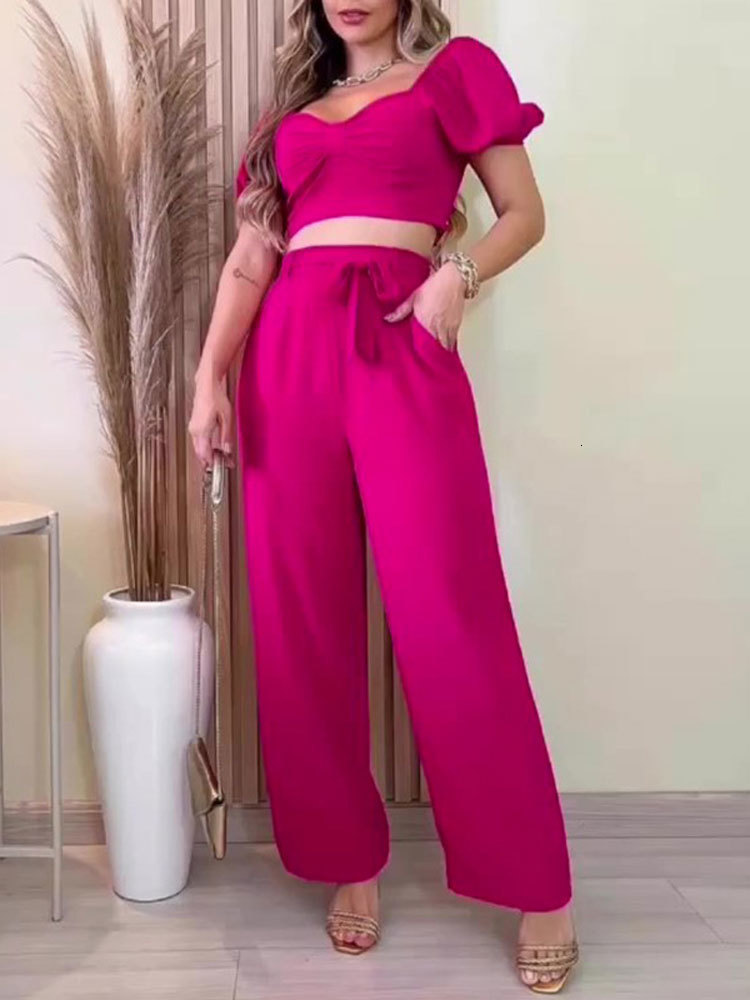 Women's Two Piece Pants Solid Wide Leg Pants Two Piece Set Women Puff Short Sleeve Crop Top And Loose Trouser Outfits Fashion Office Lady Casual 