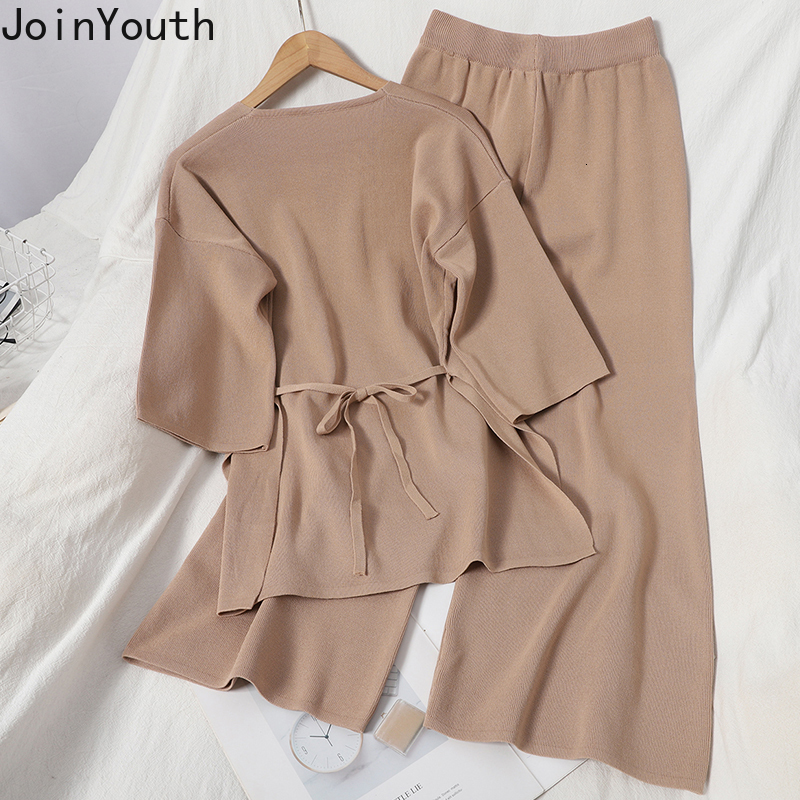 Women's Two Piece Pants Joinyouth Autumn All-match Two-piece Suit Women Suits V-neck Lace-up Slim Waist Tops High-waist Wide-leg Trousers Knitted