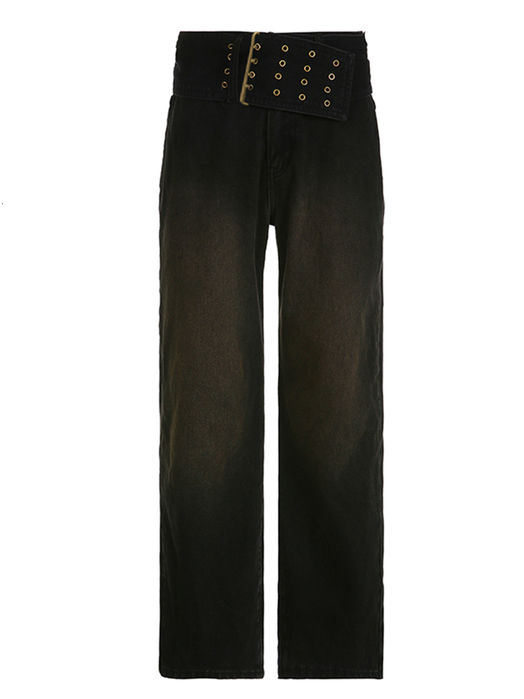 Women's Jeans Weekeep Kasual Grunge Y2k Pakaian Jalanan Sabuk Lebar Celana Kargo Denim Naik Rendah Panjang Wanita Longgar Harajuku Ibu 230510
