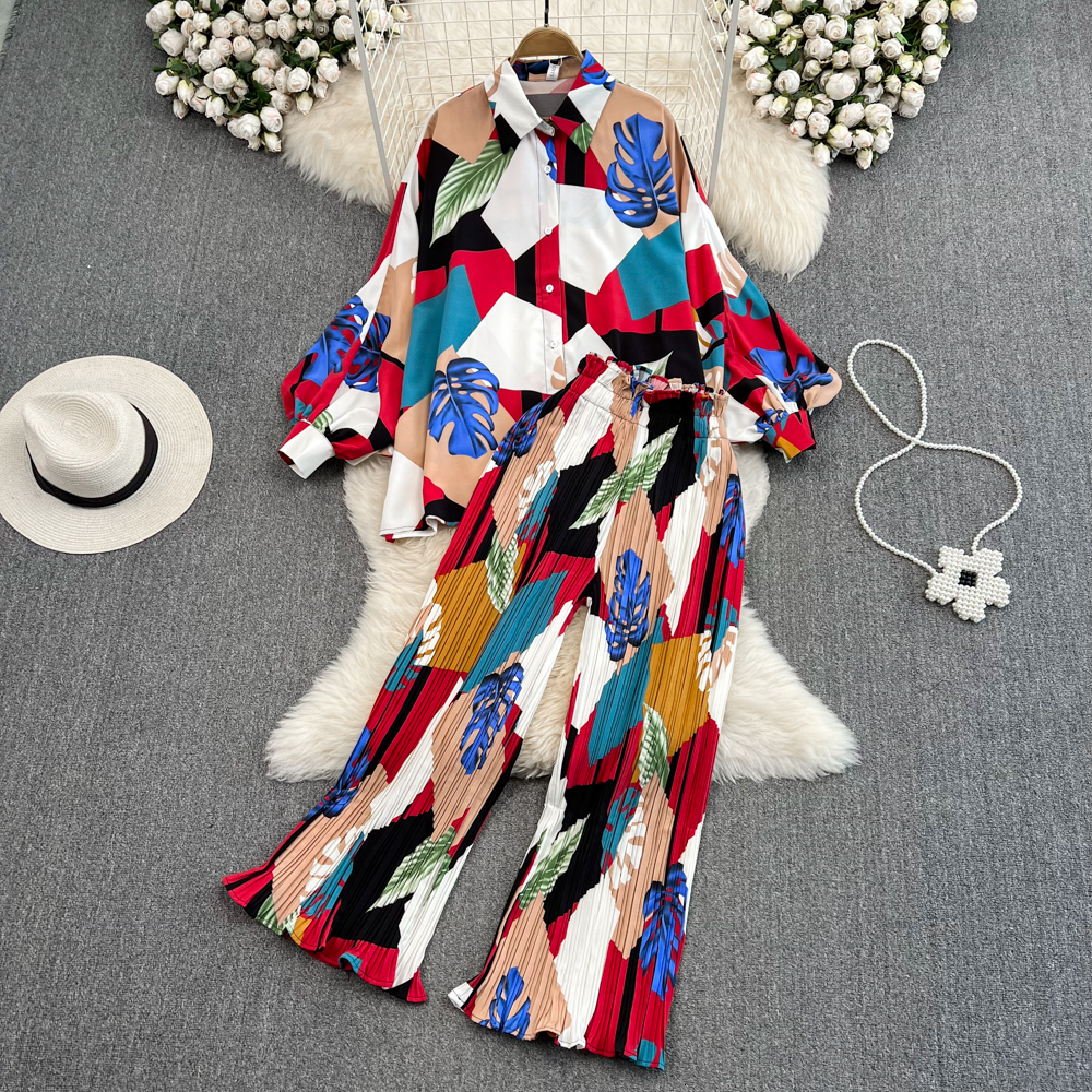 Women's Two Piece Pants Clothland Women Elegant Print Blouse Trousers Suit Loose Batwing Sleeve Shirt Pleated Wide Leg Pants Chic Two Piece Set T