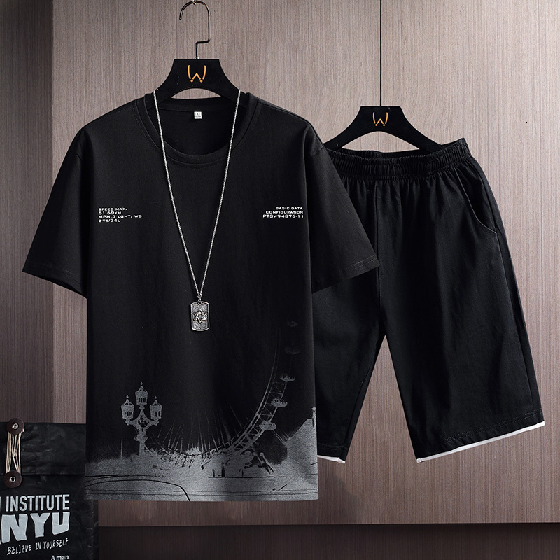 Men's Tracksuits Men's Summer Tracksuit Fashion Short Sleeve Sportswear Ink Print T ShirtsShorts 2 PC Sets Men Casual Sports Suits Male Clot