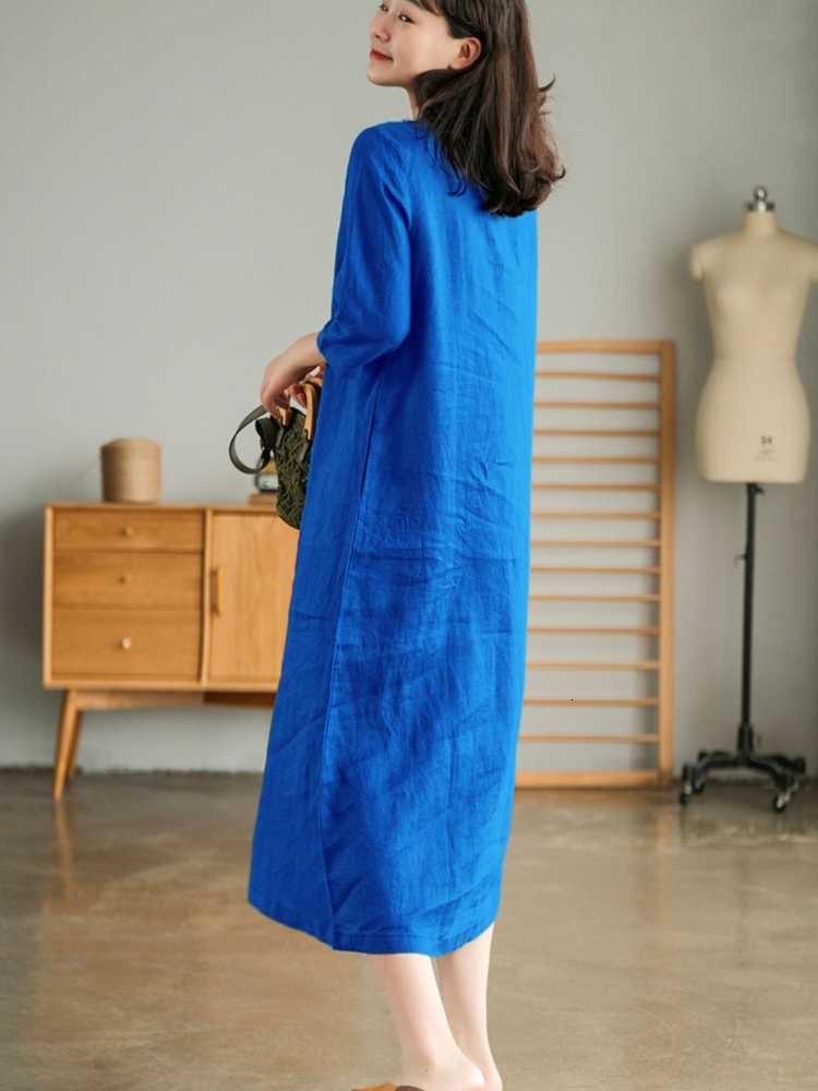 Casual Dresses Summer Women's Cotton and Linen Dress Loose Stitching Solid Color Cotton and Linen V-neck Five-point Sleeve Mid-length 230511