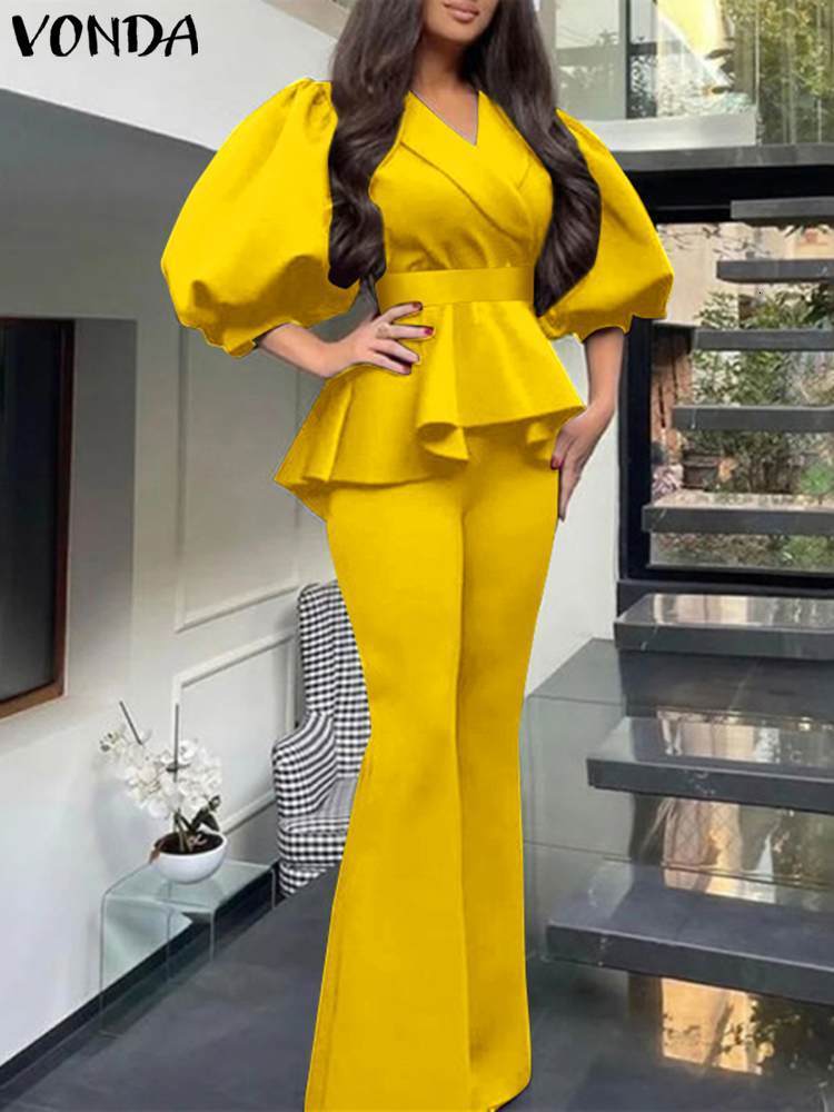 Women's Two Piece Pants Y2k Women Sets VONDA Vintage Puff Sleeve Waist Belt Top Trousers Suits Female Sexy V Neck Party Sets Femininas Suits Bagg