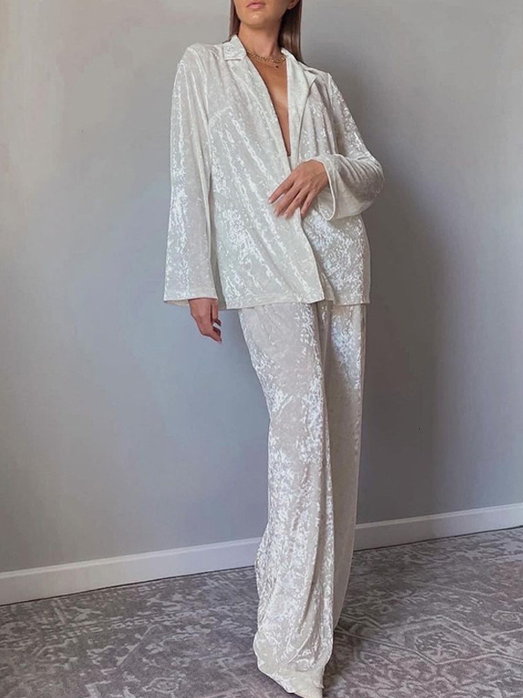 Women's Two Piece Pants Casual Velvet Women Trousers Suit Long Sleeved Single Breasted Shirt Female Suits Spring Homewear Lady Wide Leg Pants Set