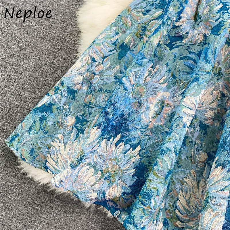 Casual Dresses Neploe Court Style Oil Painting Jacquard Robes Summer Retro Vestidos Round Neck Sleeveless Slim Waist Mid-length Dress 230511