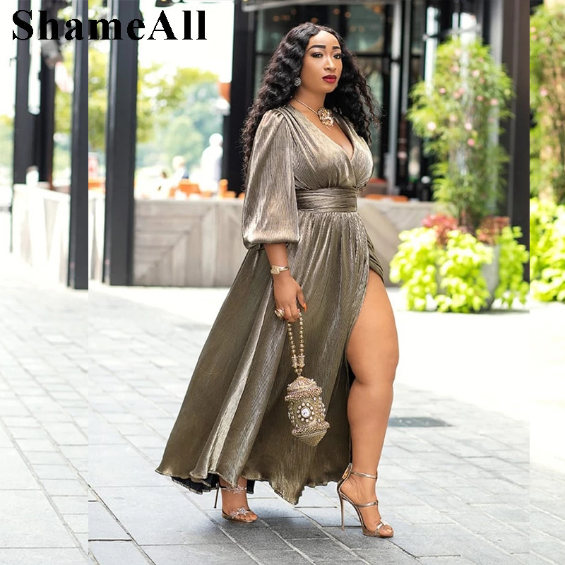 Plus Size Long Sleeve V Neck High Slit Maxi Prom Dress 3Xl Metallic French Wrap Dresses Elegant Evening Party Robe Vestido