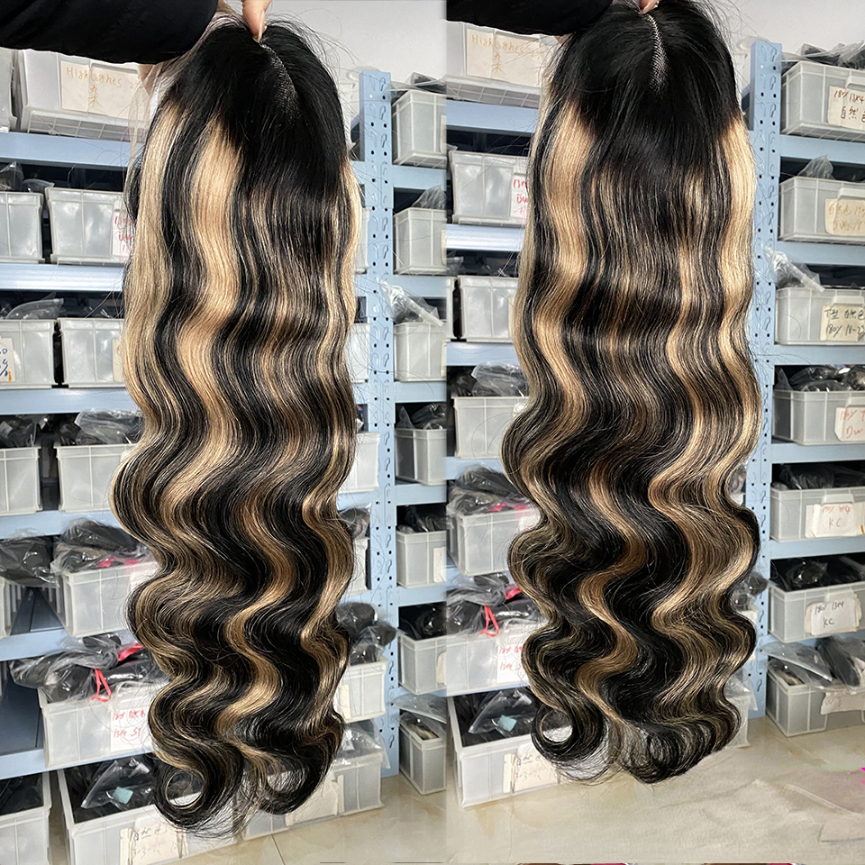 Free shipping 180denstiy Full Brazilian Blonde Highlight Front Human Hair Wig Body Wave HD Lace Frontal Synthetic Wigs For Women