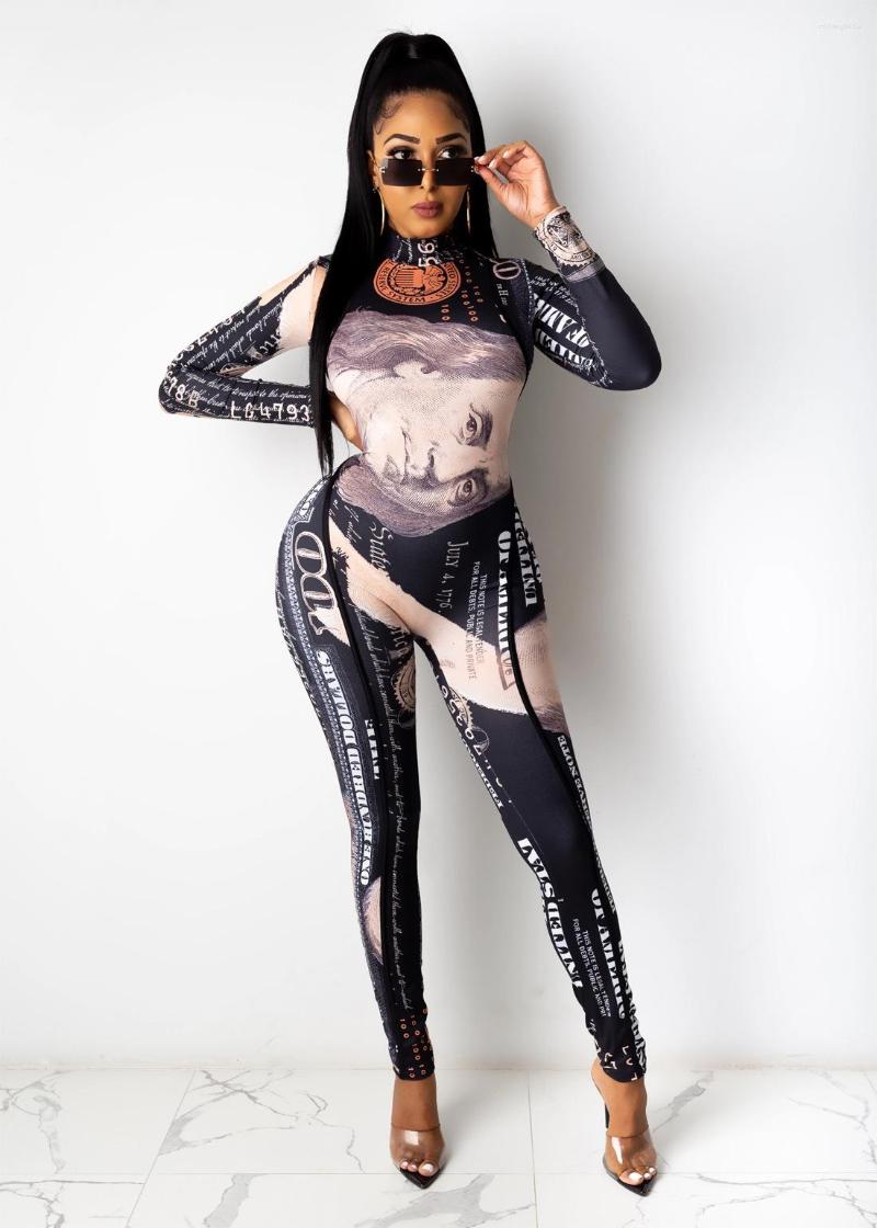 Women's Tracksuits Sexy Money Long Jumpsuit Us Dollar Printed Bodycon Rompers Autumn Turtleneck One Piece Club Outfit Fashion Clothes For