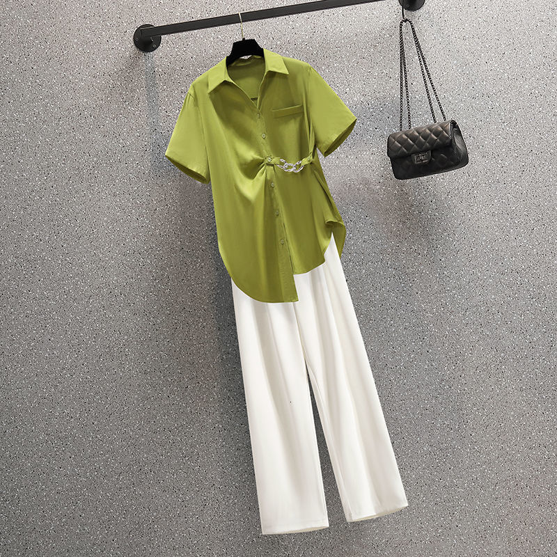 Women's Two Piece Pants Loose Casual Elegant Women's Pants Set Chain Decorative Chiffon Shirt Work Trousers Two Piece Set Female Tracksuit B