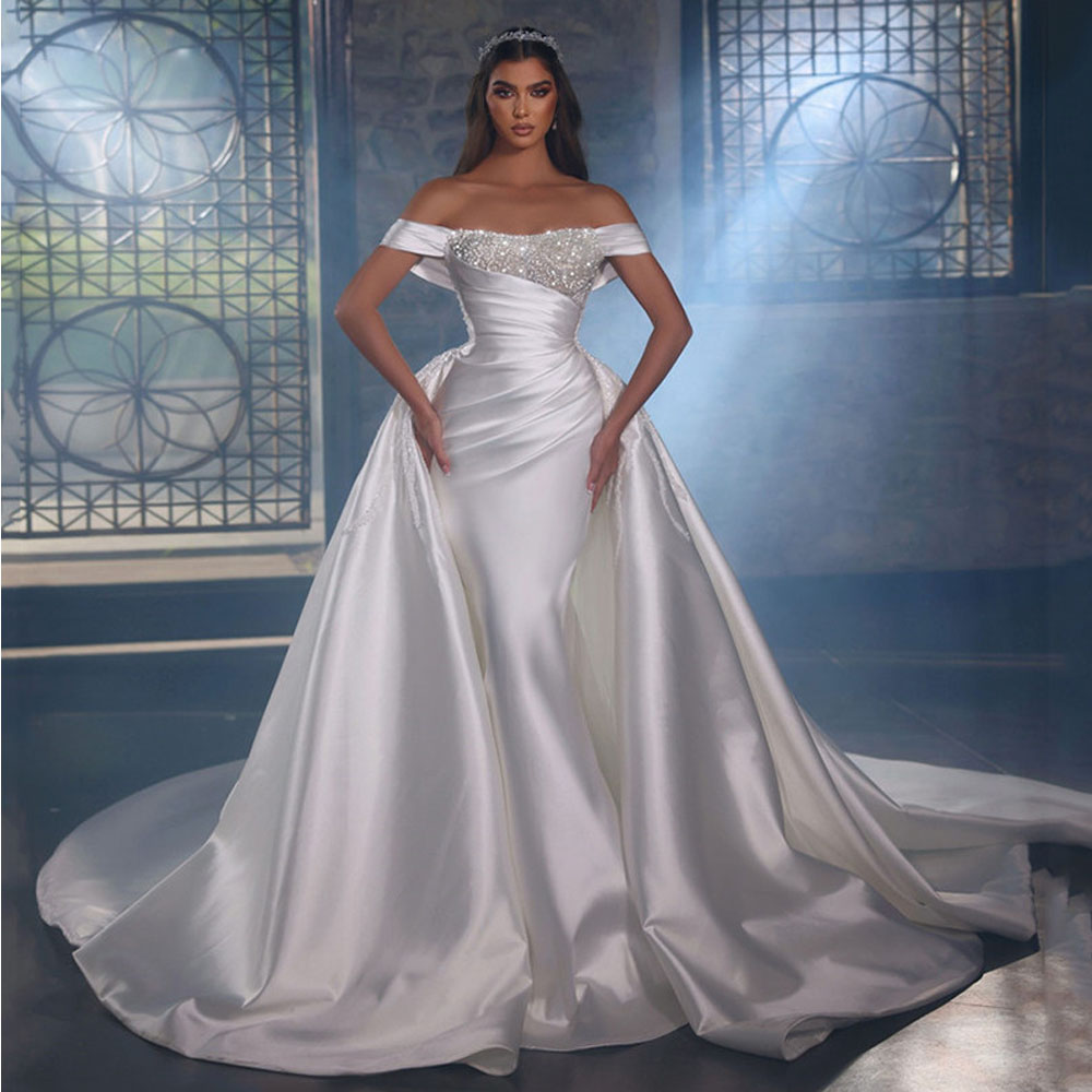 Vintage Bead Off the Shoulder Mermaid Wedding Dresses for Bride Pleat Satin Detachable Train Bridal Gowns