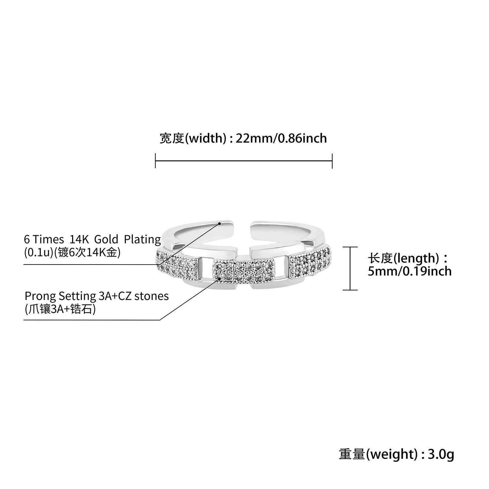 Hip Hop Shiny Cubic Zirconia Band Rings For Men And Women Open Cuff Adjustable Hollow Chain Finger Ring National Fashion 14k Cold Plate Personalized O
