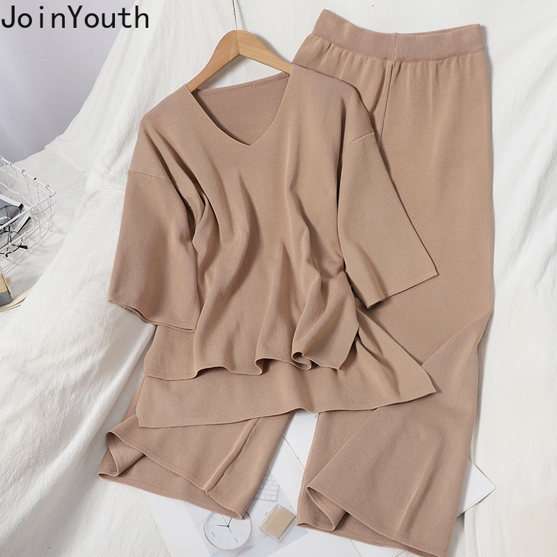 Women's Two Piece Pants Joinyouth Autumn All-match Two-piece Suit Women Suits V-neck Lace-up Slim Waist Tops High-waist Wide-leg Trousers Knitted
