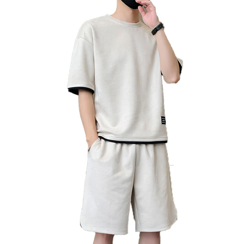 Men's Tracksuits Suede Tracksuit Mens Summer Sets O-Neck Short Sleeve Shorts Fashion Solid Color Sport Suit Men Loose T-shirts 2 Piece Set 230511