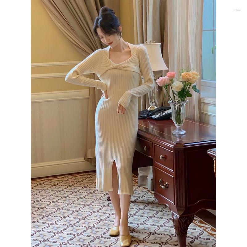 Casual Dresses Womens Autumn And Winter French Retro Knitted Dress For Women Slim Medium Length With Coat Skirt