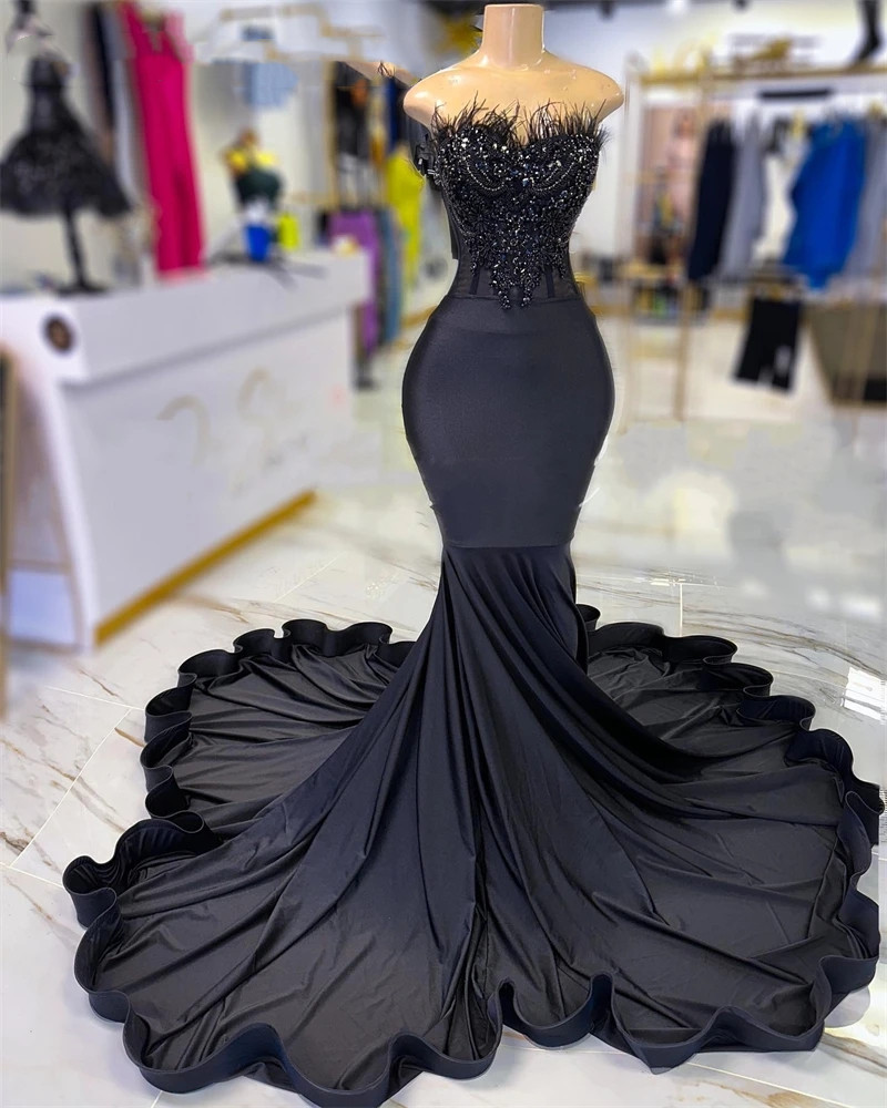 Lace Mermaid Elegant Strapless Long Prom Dress For Black Girls Beaded Crystal Birthday Party Dresses Feathers Evening Gowns Es