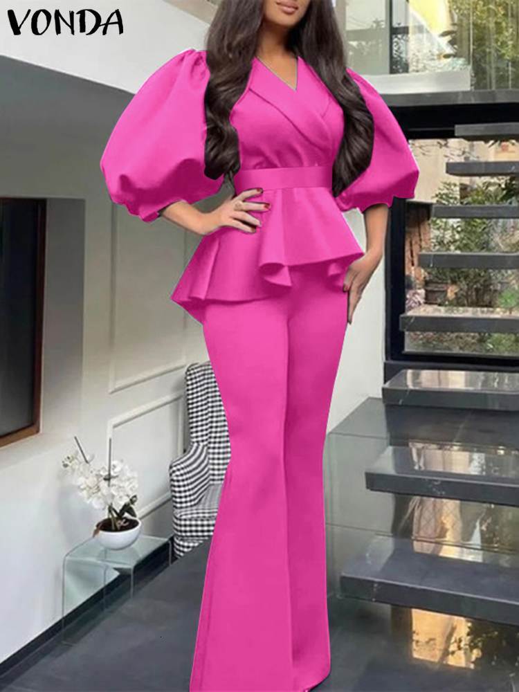 Women's Two Piece Pants Y2k Women Sets VONDA Vintage Puff Sleeve Waist Belt Top Trousers Suits Female Sexy V Neck Party Sets Femininas Suits Bagg