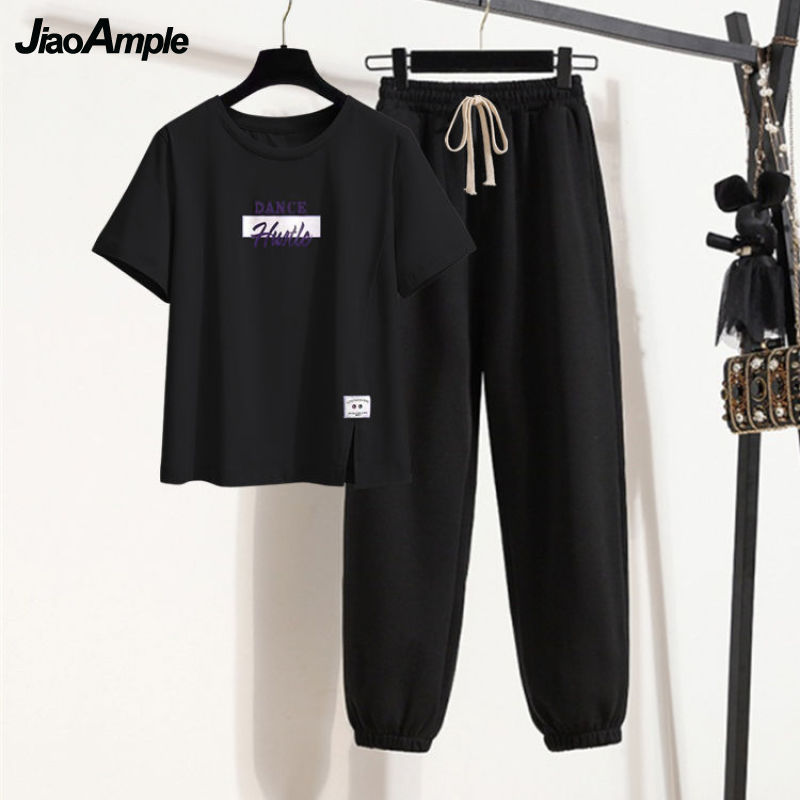 Women's Two Piece Pants Women's Tracksuit Summer Loose Slit Short Sleeve T-Shirt Pants Two-Piece Korean Fashion Top Trousers Sportwear Set 2