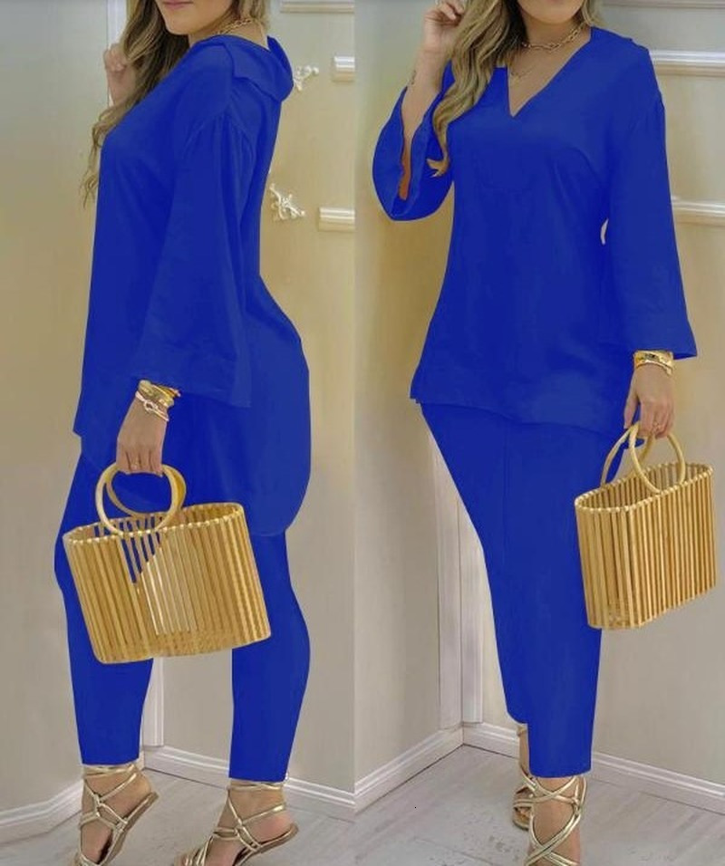 Women's Two Piece Pants Solid Color Flare Long Sleeve V Neck Blouse Pant Sets Fashion Women Office Straight Long Trousers Matching Set 230511