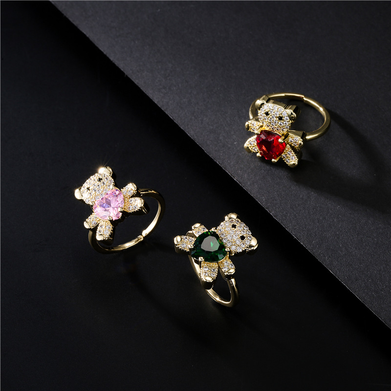 Cute Adjustable CZ Micro Pave Heart Bear Ring Copper Rings Jewelry