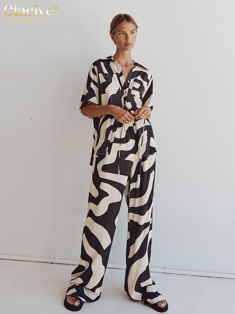Women's Two Piece Pants Clacive Summer Short Sleeve Blouse Two Piece Set For Women Elegant Loose Print Pants Set Fashion Mid Waist Wide Trouser S