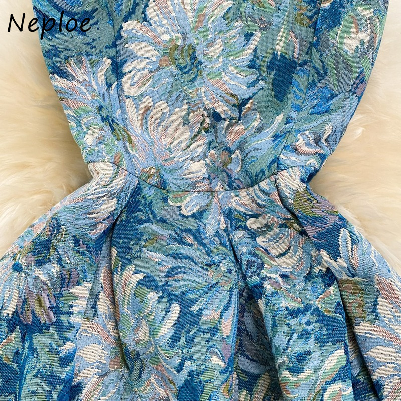 Casual Dresses Neploe Court Style Oil Painting Jacquard Robes Summer Retro Vestidos Round Neck Sleeveless Slim Waist Mid-length Dress 230511