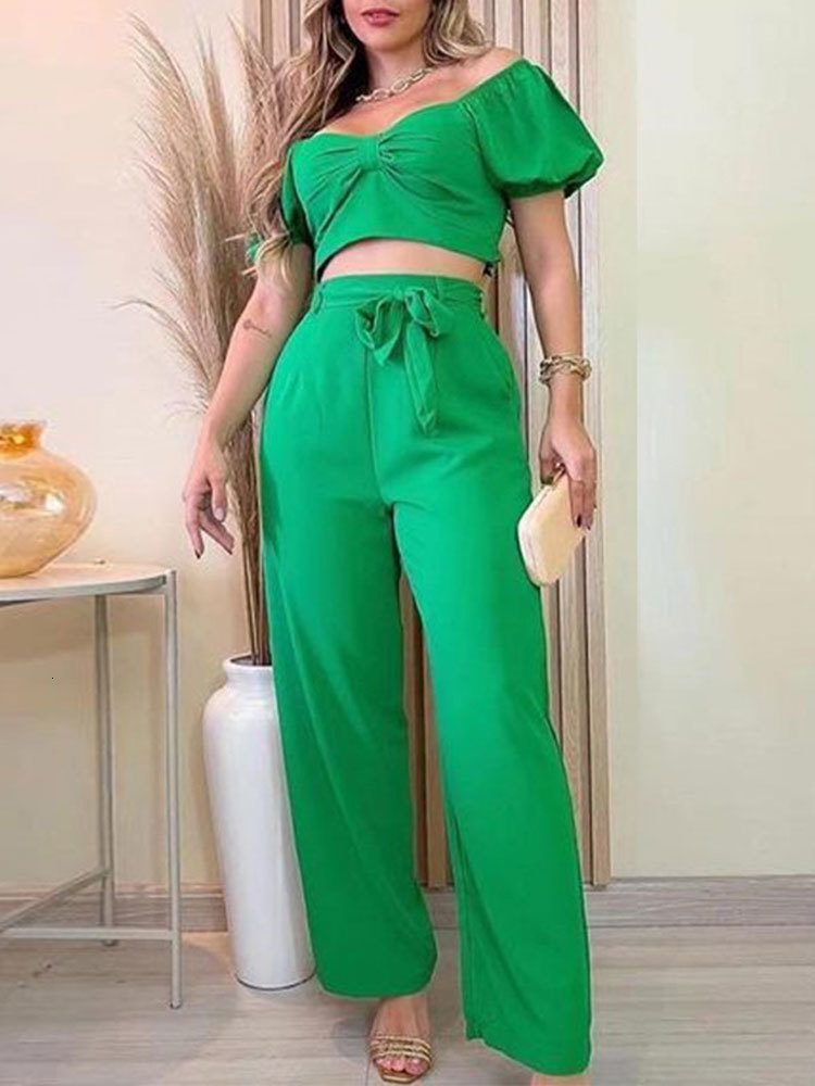 Women's Two Piece Pants Solid Wide Leg Pants Two Piece Set Women Puff Short Sleeve Crop Top And Loose Trouser Outfits Fashion Office Lady Casual 