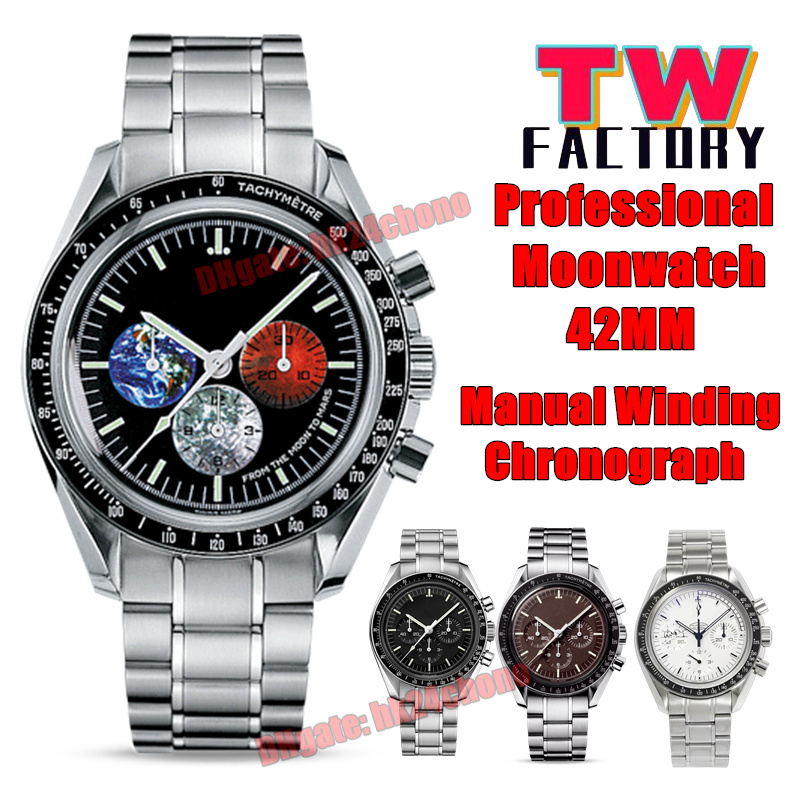 TWF Luxury Watches Professional 42mm Moonwatch Mechanical Hand-winding Chronograph Mens Watch Black Dial 316L Stainless Steel Bracelet Gents Wristwatches