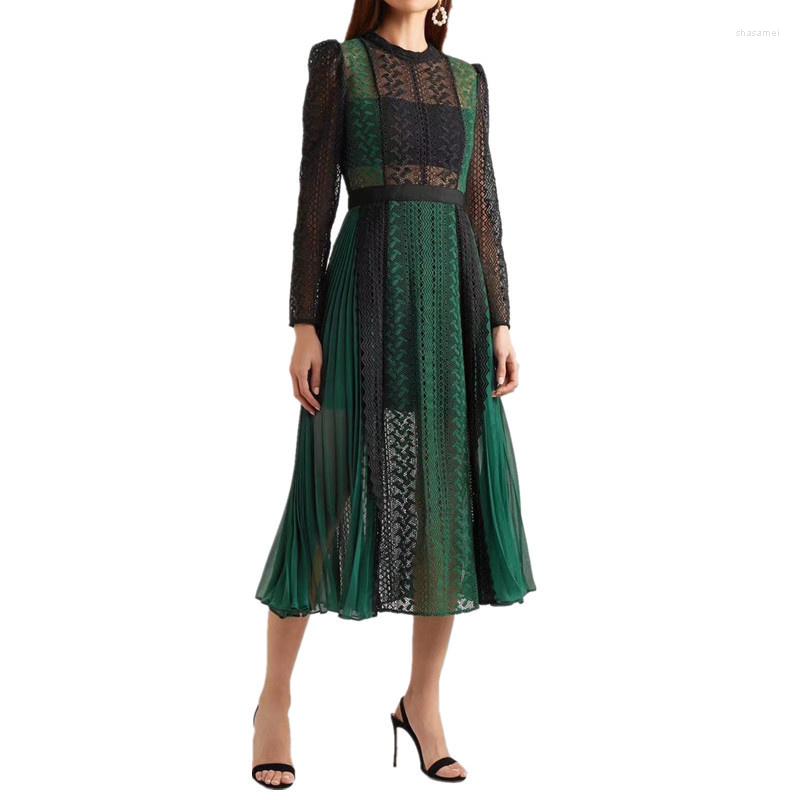 2023 Casual Dresses Summer Quality Women Long Sleeve Runway Dress Autumn Fashion Green Patchwork Pleated Lace Self Portrait Ves