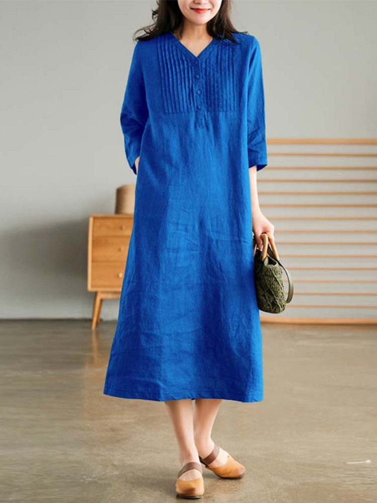 Casual Dresses Summer Women's Cotton and Linen Dress Loose Stitching Solid Color Cotton and Linen V-neck Five-point Sleeve Mid-length 230511